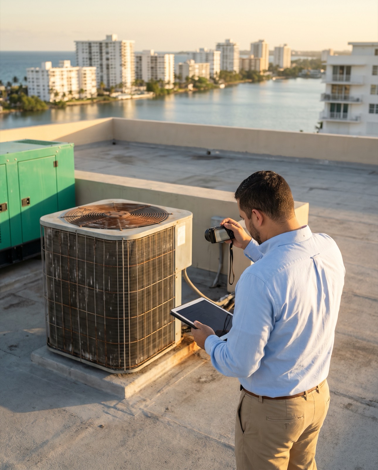 Inspector recording equipment on a San Juan rooftop